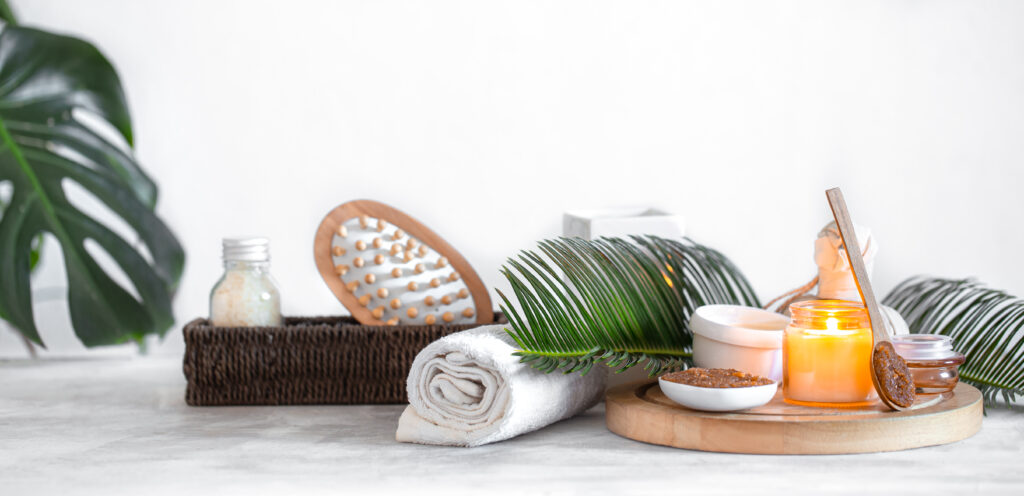 spa composition with care items on a light background